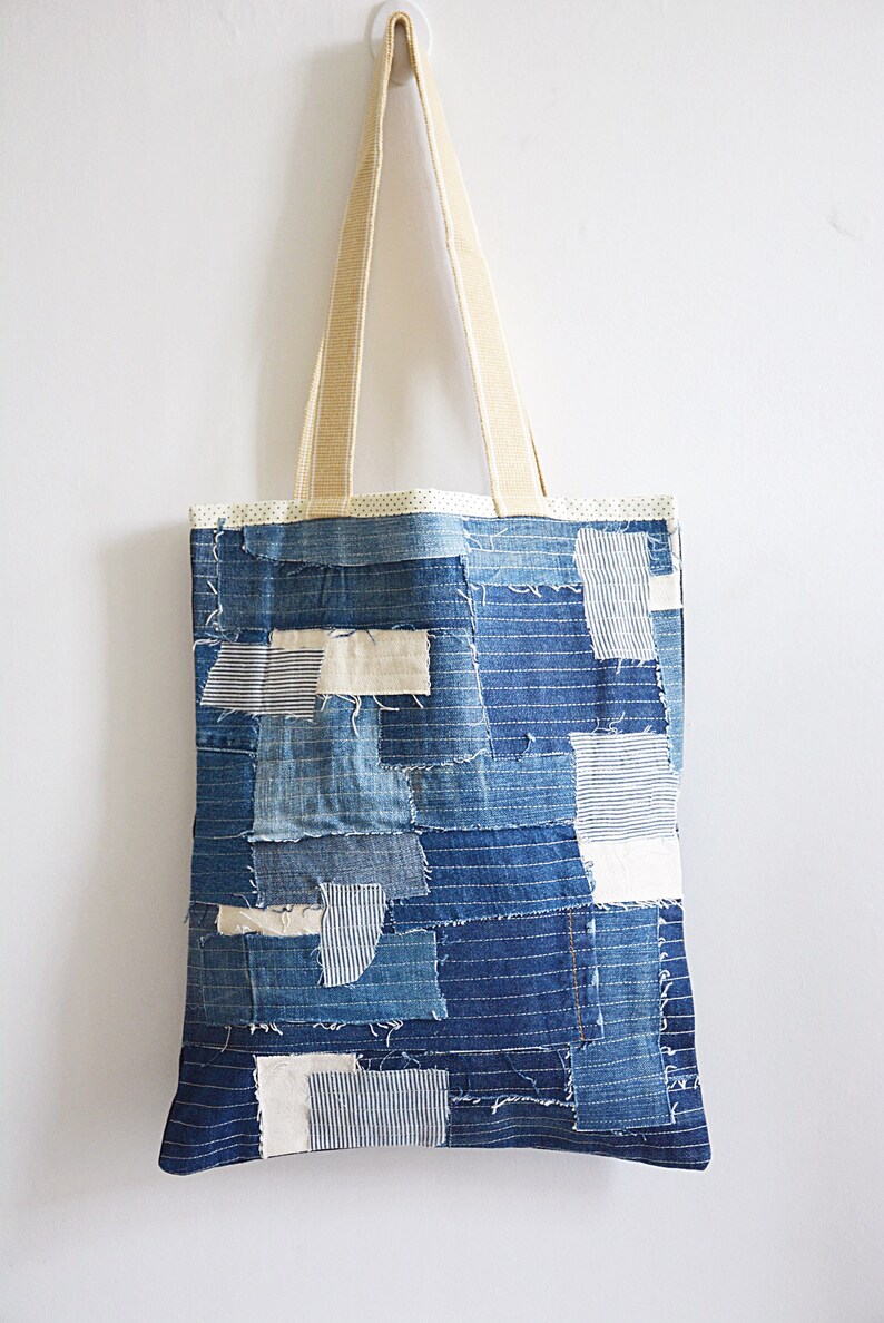 UNIQUE denim tote bag patchwork sashiko style // lining | Etsy