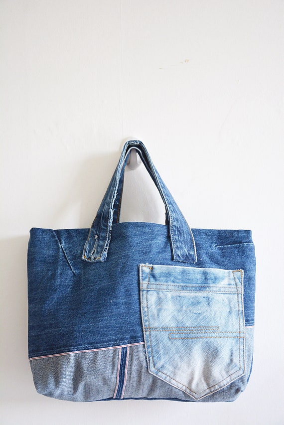 Simple Style Denim Handbag/ Recycled/ Denim Pocket/ Lining | Etsy