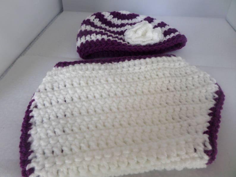 hat with frilly flower hand crochet set 0 to 6 months Baby photo prop worsted weight yarn nappy cover MRH069 white and purple