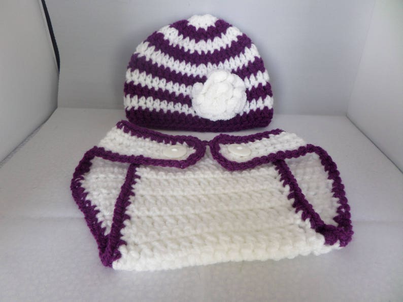 hat with frilly flower hand crochet set 0 to 6 months Baby photo prop worsted weight yarn nappy cover MRH069 white and purple