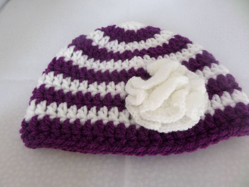 hat with frilly flower hand crochet set 0 to 6 months Baby photo prop worsted weight yarn nappy cover MRH069 white and purple