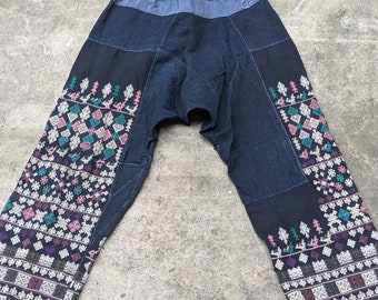 Vintage hilltribe Yao pants handmade fisherman trousers yoga hippie tribal dark indigo black sweats ethnic Unisex Thai stretchy waist short
