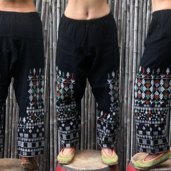 Vintage Hill Tribe Yao Pants Handmade Fisherman Trousers Yoga Vintage Embroidered Hippie Tribal dark indigo black