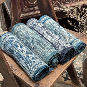 Hmong Hand Woven Hemp Roll Hand Drawn Batik Indigo Dye Hill Tribe Art choice of 4 rolls wax ethnic tribal fabric table runner textile image 2