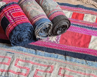 Hmong vintage hemp embroidered batik indigo used tribal fabric dyed silk crafting beautiful old art quilting table runner choice of 6 pieces