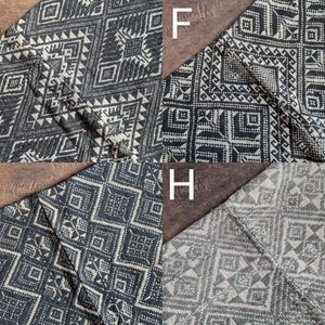 May include: Close-up of four sections of patterned fabric. Each section features a different geometric design in shades of grey and white. The patterns include diamonds, squares, and other shapes, creating a textured appearance.