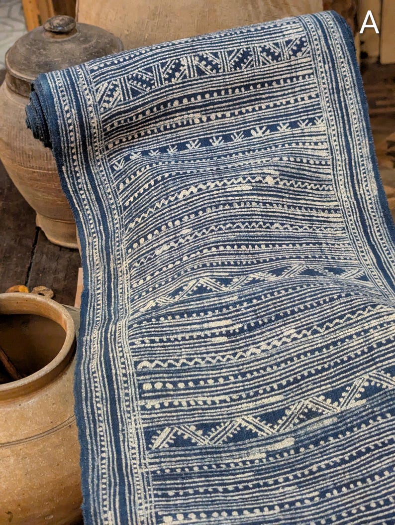 Hmong Hand Woven Hemp Roll Hand Drawn Batik Indigo Dye Hill Tribe Art choice of 4 rolls wax ethnic tribal fabric table runner textile image 5