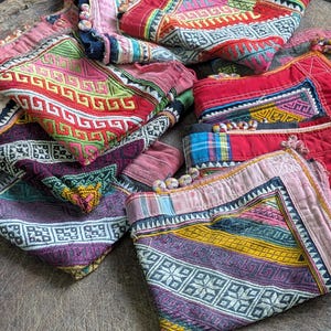 Handmade Thai Embroidered vintage Scarf Shawl headscarf ends tribal hill tribe Vietnam Fabric Cotton pieces brocade multicolor reclaimed