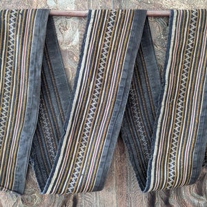 Puede incluir: Una tira textil larga y rectangular con un patrón repetitivo de rayas verticales negras, blancas, doradas y rojas apagadas. La tela muestra intrincados detalles geométricos tejidos y bordes sólidos de color gris oscuro, colgada sobre una barra.