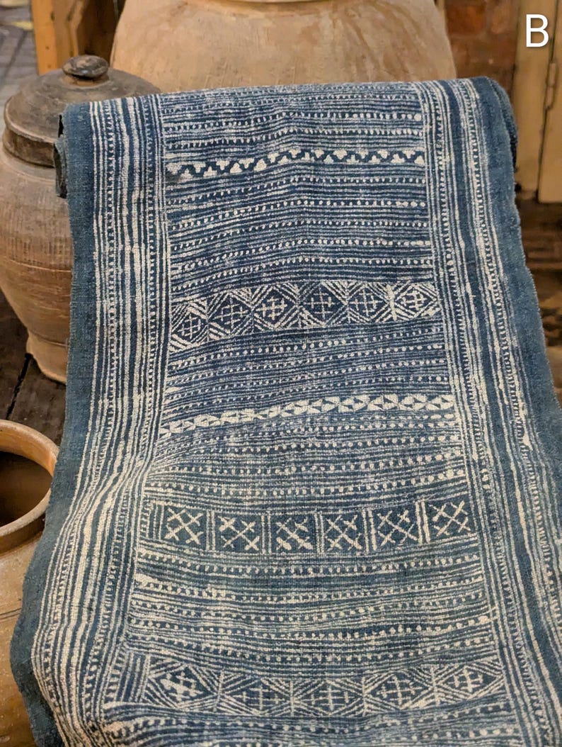 Hmong Hand Woven Hemp Roll Hand Drawn Batik Indigo Dye Hill Tribe Art choice of 4 rolls wax ethnic tribal fabric table runner textile image 9
