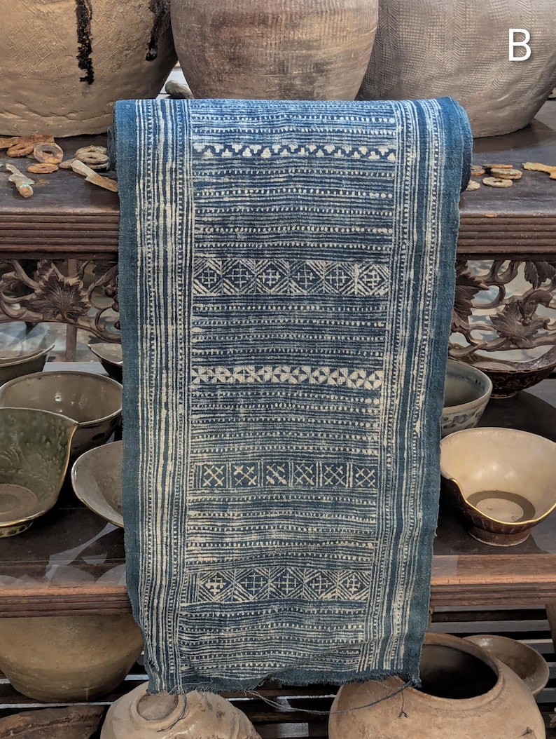 Hmong Hand Woven Hemp Roll Hand Drawn Batik Indigo Dye Hill Tribe Art choice of 4 rolls wax ethnic tribal fabric table runner textile B