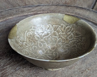 Ly Tran Dynasty 12th-14th bowl Pottery Glazed olive green molded Vietnam Ceramic Antique fine art floral Kintsugi repair