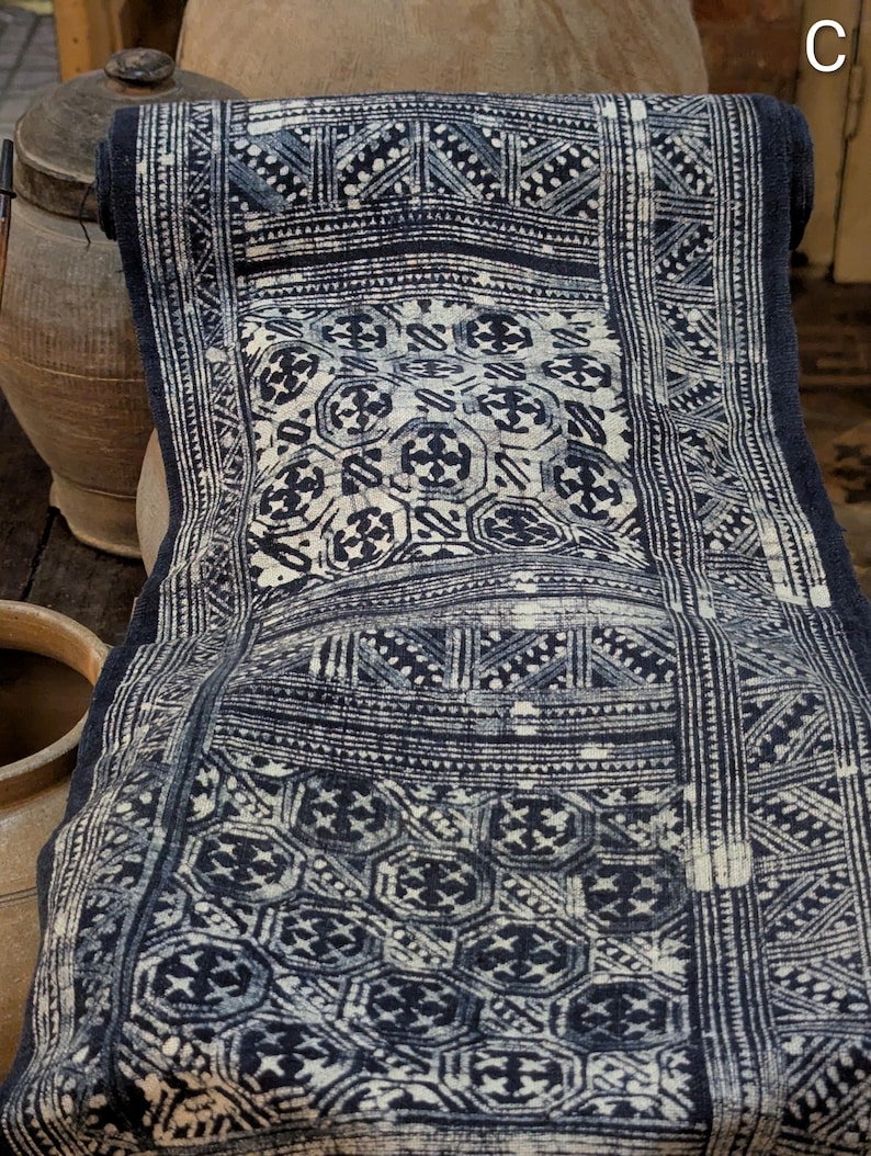Hmong Hand Woven Hemp Roll Hand Drawn Batik Indigo Dye Hill Tribe Art choice of 4 rolls wax ethnic tribal fabric table runner textile image 13