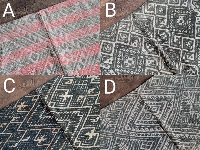 May include: Four sections of patterned fabric are shown. Section A has a grey and pink geometric design. Section B features a grey and white square pattern. Section C displays a dark blue and white geometric design. Section D has a grey and white diamond pattern.