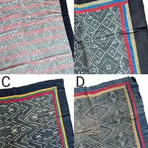 May include: Four textiles with geometric patterns. A has a red and grey design with a dark blue border. B, C, and D feature diamond patterns in various colours, with borders of blue, red, yellow, and black. These textiles are suitable for home decor.