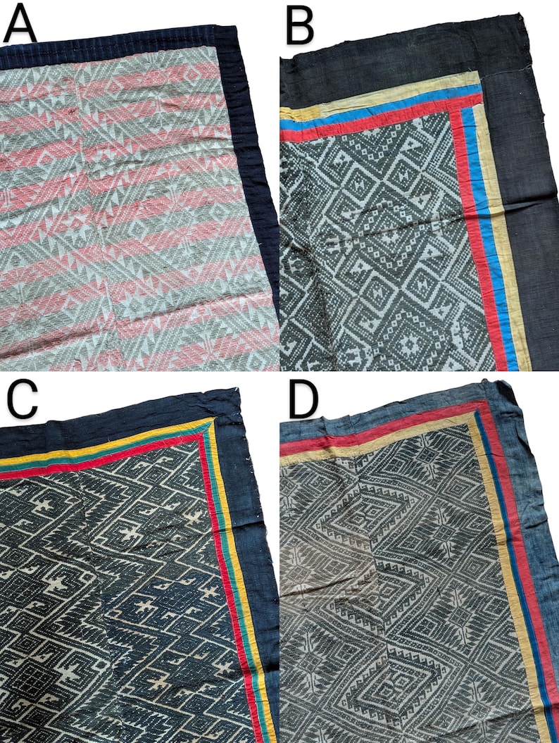 May include: Four textiles with geometric patterns. A has a red and grey design with a dark blue border. B, C, and D feature diamond patterns in various colours, with borders of blue, red, yellow, and black. These textiles are suitable for home decor.