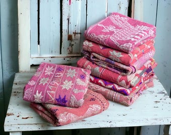 Vintage hand woven throw hilltribe small day blanket pink cotton silk hippie ethnic table cloth textile handmade hanging decor choice of 8