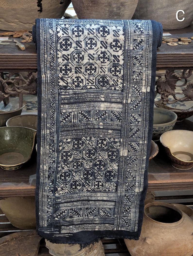 Hmong Hand Woven Hemp Roll Hand Drawn Batik Indigo Dye Hill Tribe Art choice of 4 rolls wax ethnic tribal fabric table runner textile C