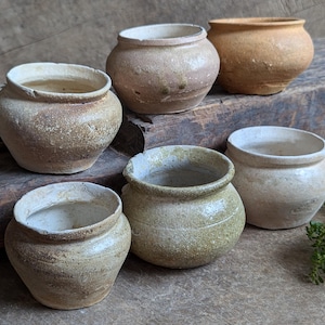 May include: Six small, round, ceramic pots in various shades of brown, beige, and white. The pots are arranged on a wooden surface.