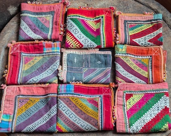 Handmade Thai Embroidered vintage Scarf Shawl headscarf ends tribal hill tribe Vietnam Fabric Cotton pieces brocade multicolor reclaimed