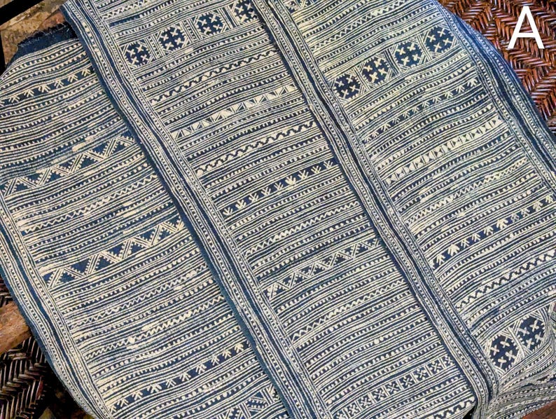Hmong Hand Woven Hemp Roll Hand Drawn Batik Indigo Dye Hill Tribe Art choice of 4 rolls wax ethnic tribal fabric table runner textile image 6