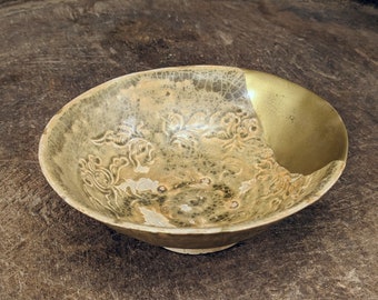 Ly Tran Dynasty 12th-14th bowl Pottery Glazed olive green molded Vietnam Ceramic Antique fine art floral Kintsugi repair