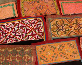 Hmong Embroidered vintage Fabric 8 panels tribal hill tribe Vietnam Cotton collar quilting handmade