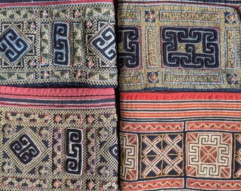 Hmong embroidered textile collar vintage used tribal fabric dyed silk cotton crafting beautiful old art quilting patch choice of 4 pieces