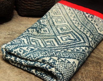 Vintage Vietnamese Tribal Handwoven Throw Rug Hill Tribe Blanket Old Asian Hmong Thai blue white hippie