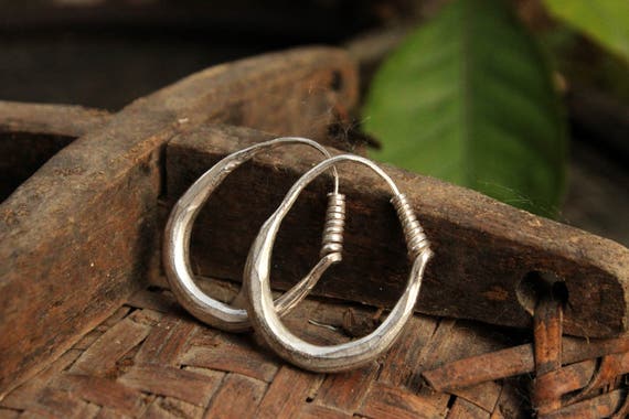 Handmade Small Hmong Earrings Hoop Loop Hill Tribe Light Silver Plate Asian Tribal Threader