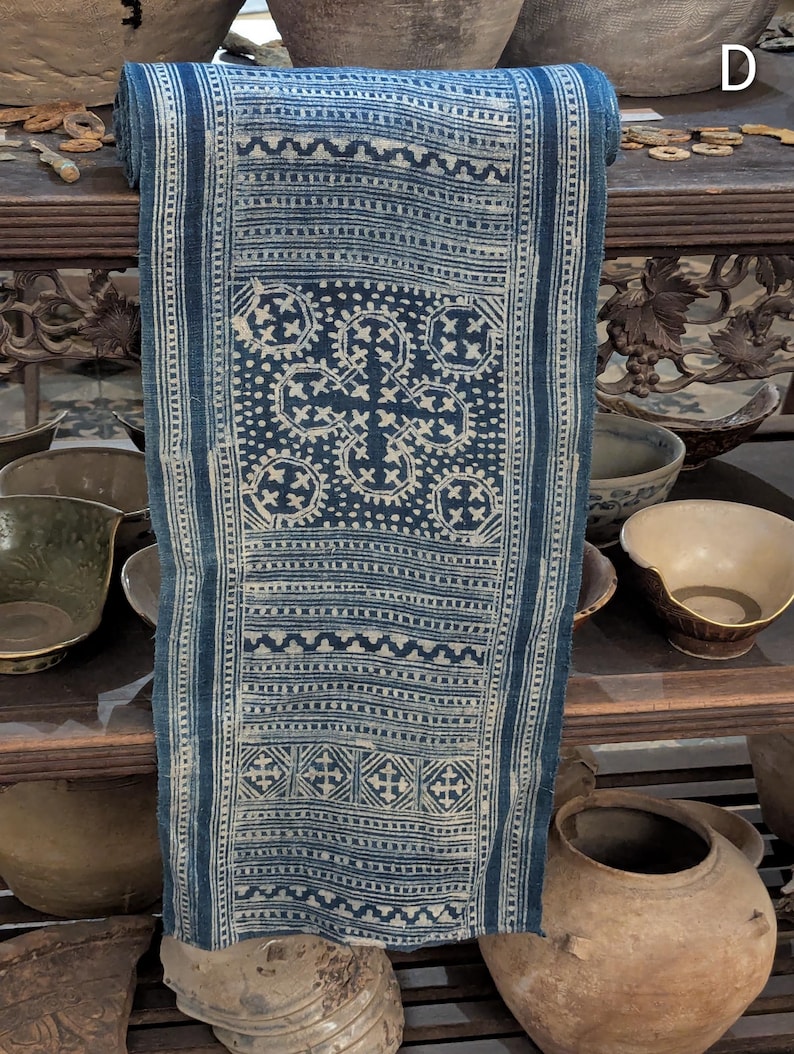 Hmong Hand Woven Hemp Roll Hand Drawn Batik Indigo Dye Hill Tribe Art choice of 4 rolls wax ethnic tribal fabric table runner textile D