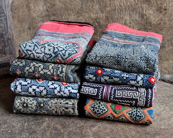 Hmong vintage baby carrier batik indigo used tribal fabric dyed decorative crafting beautiful old art quilt table runner choice of 8 pieces