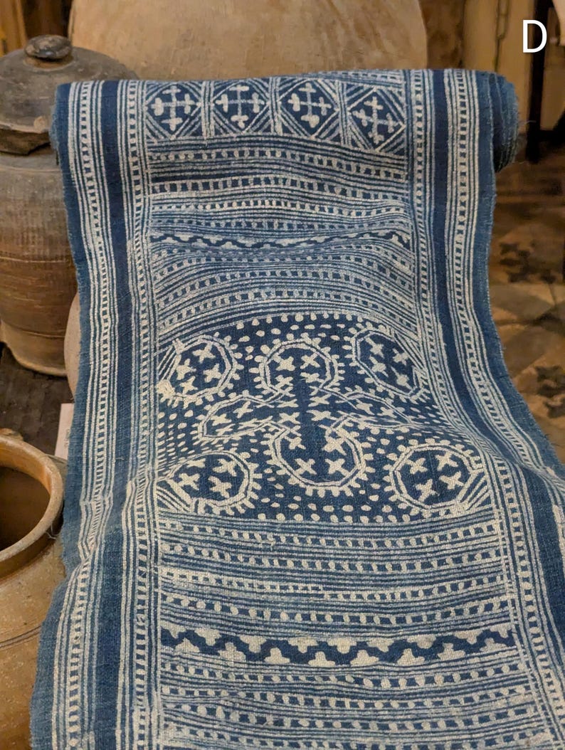 Hmong Hand Woven Hemp Roll Hand Drawn Batik Indigo Dye Hill Tribe Art choice of 4 rolls wax ethnic tribal fabric table runner textile image 17