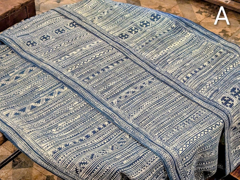 Hmong Hand Woven Hemp Roll Hand Drawn Batik Indigo Dye Hill Tribe Art choice of 4 rolls wax ethnic tribal fabric table runner textile image 4