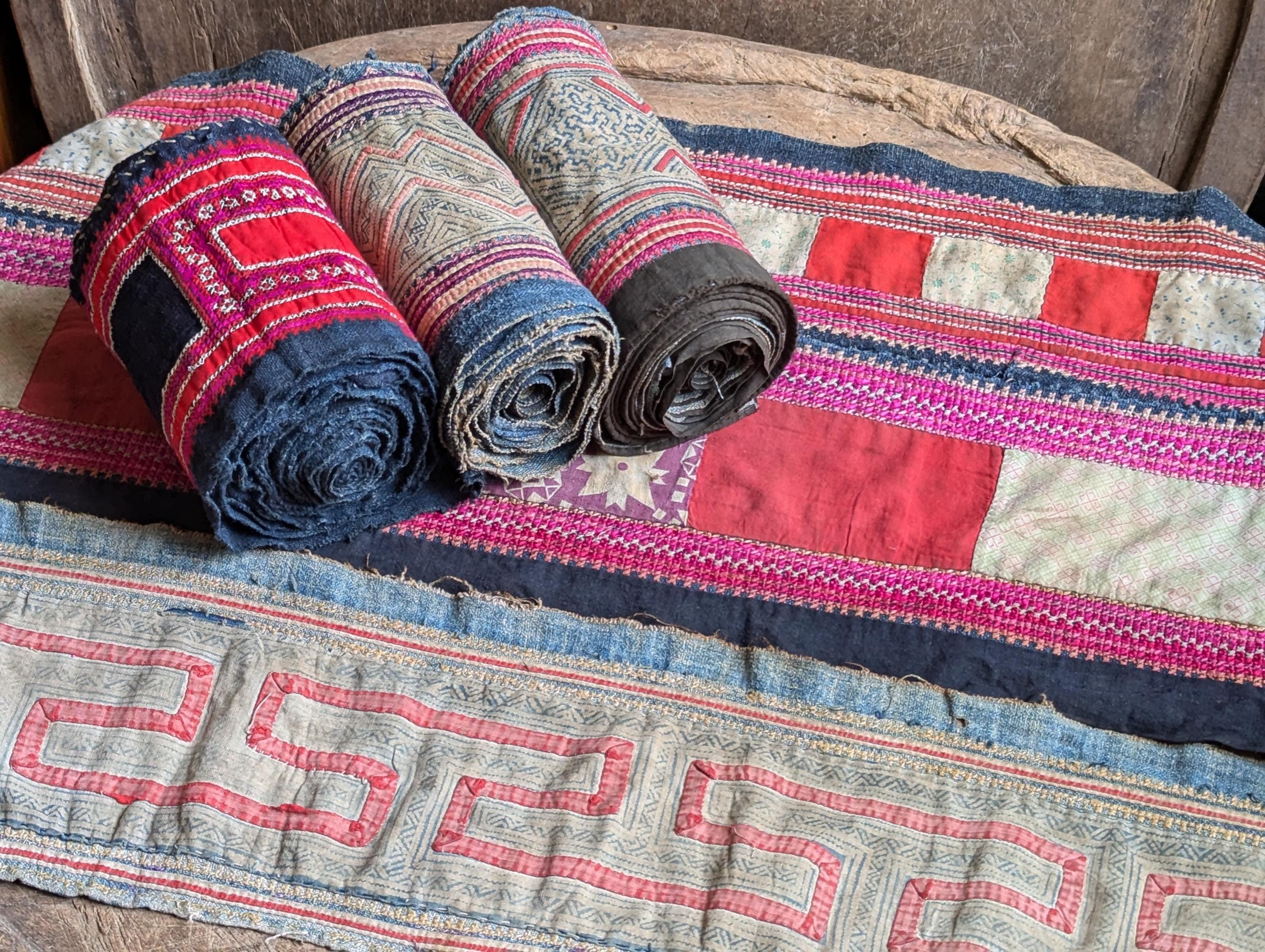 Hmong vintage hemp embroidered batik indigo used tribal fabric dyed silk crafting beautiful old art quilting table runner choice of 6 pieces
