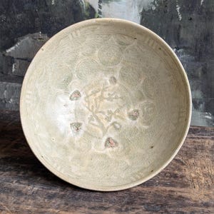 Rare celadon bowl Ly Tran Dynasty 12th-14th century Pottery Glazed molded Vietnam Ceramic Antique Buddhist art Lotus sign peach tree