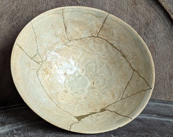 Ly Tran Dynasty 12th-14th bowl Pottery Glazed olive beige molded Vietnam Ceramic Antique fine art floral Kintsugi repair