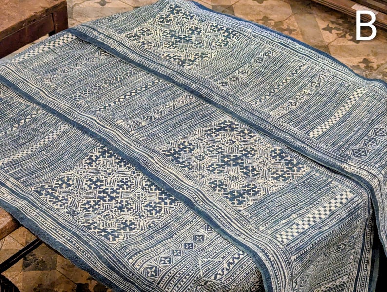Hmong Hand Woven Hemp Roll Hand Drawn Batik Indigo Dye Hill Tribe Art choice of 4 rolls wax ethnic tribal fabric table runner textile image 8