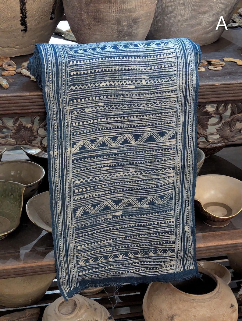 Hmong Hand Woven Hemp Roll Hand Drawn Batik Indigo Dye Hill Tribe Art choice of 4 rolls wax ethnic tribal fabric table runner textile A