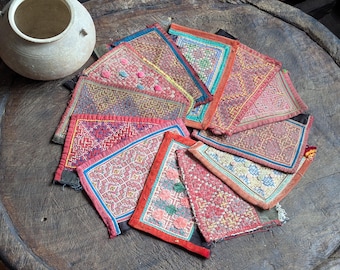Hmong Embroidered vintage Fabric panels tribal hilltribe Vietnam Cotton collar quilting handmade 12 pieces to choose from textile ethnic