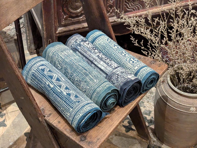 Hmong Hand Woven Hemp Roll Hand Drawn Batik Indigo Dye Hill Tribe Art choice of 4 rolls wax ethnic tribal fabric table runner textile image 2