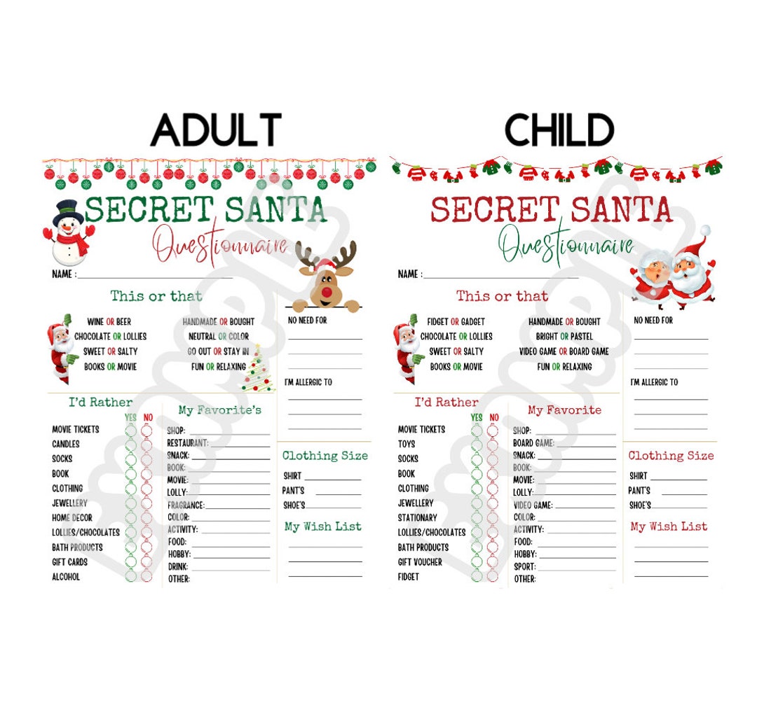 Printable Secret Santa Questionnaire Work Family Office Gift Idea ...