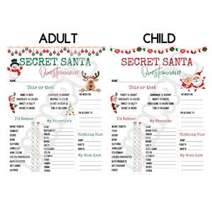 Printable Secret Santa Questionnaire Work Family Office Gift Idea,Christmas Holiday Party Games Printables