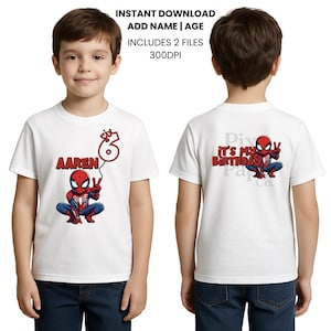 Design de camiseta PNG de aniversário de aranha | Somente download digital | Nome e idade personalizados incluídos | Camiseta de aniversário de super-herói para crianças
