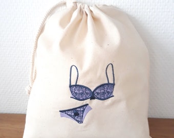 Suitcase or dressing room storage bag, lingerie gift packaging, in personalized embroidered cotton