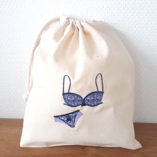 Sac rangement valise ou dressing, emballage cadeau lingerie, en coton brodé personnalisé