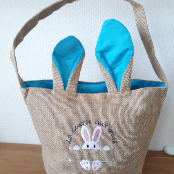 Sac pochon panier en toile de jute personnalisé brodé lapin  Course aux oeufs de Pâques chocolat pour enfants