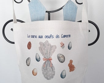 Sac pochon panier  personnalisé  lapin fille ou garçon Course aux oeufs de Pâques chocolat pour enfants