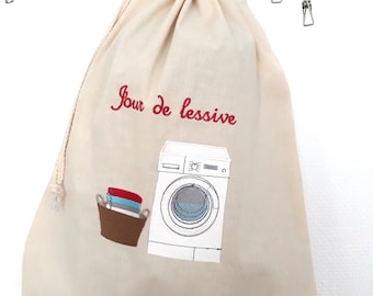 Sac à linge sale rangement valise en coton brodé personnalisé Jour de lessive