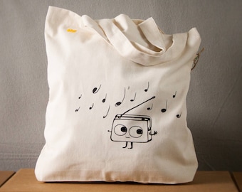 Cute Radio cotton canvas tote bag for shopping dancing Radio music graphic  - in multiple colors